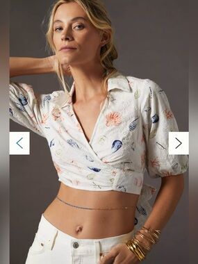 Anthropology Maeve Size Medium cropped blouse, Seashell Print Tie-Front Top